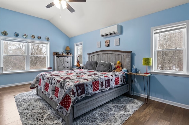 bedroom with ceiling fan, dark hardwood / wood-style flooring, multiple windows, and an AC wall unit