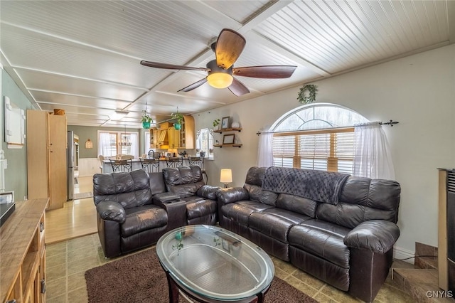 living room featuring ceiling fan