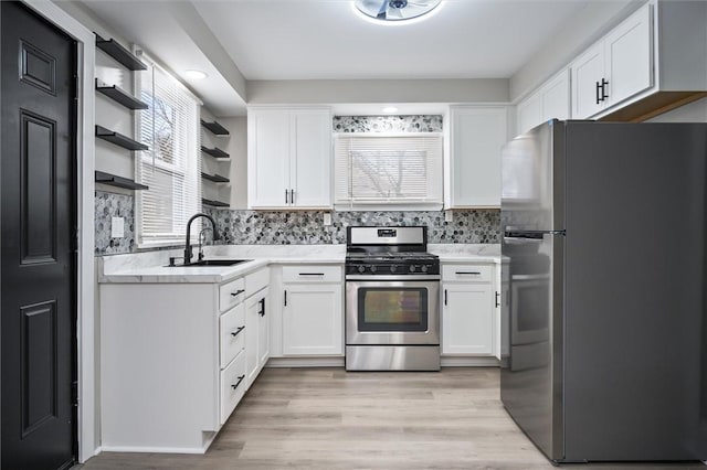 kitchen with white cabinetry, stainless steel appliances, decorative backsplash, sink, and light wood-type flooring