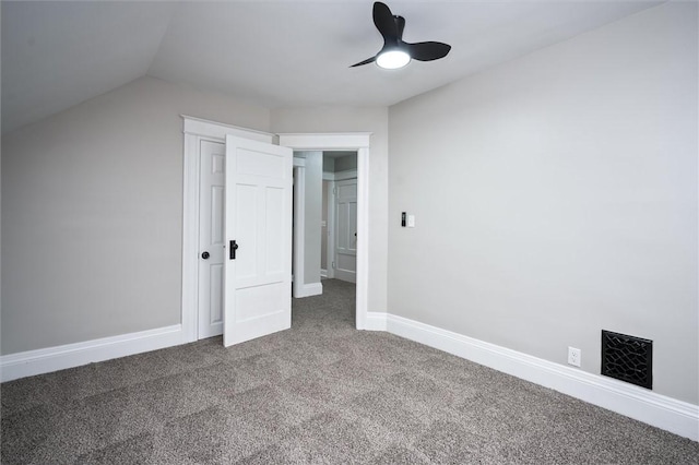 additional living space featuring vaulted ceiling, ceiling fan, and carpet floors