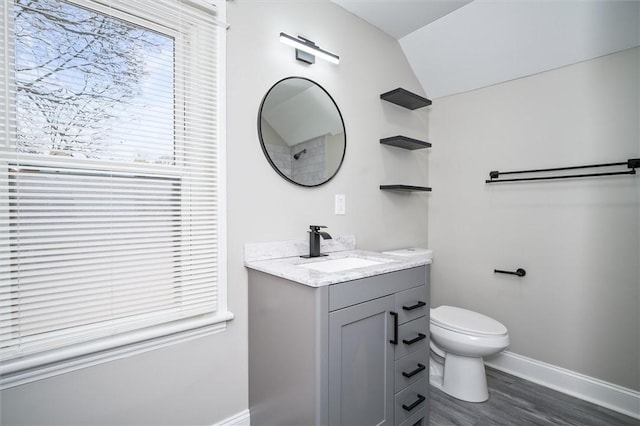 bathroom featuring toilet, lofted ceiling, hardwood / wood-style floors, and vanity