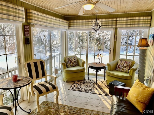 sunroom featuring ceiling fan and wood ceiling