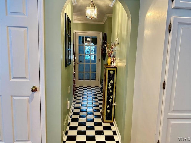 corridor featuring crown molding