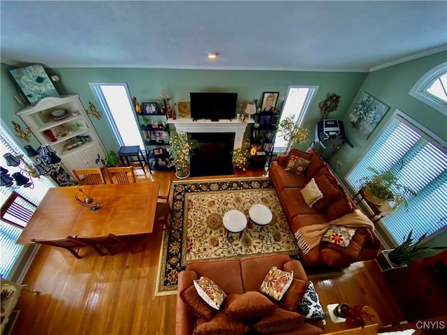 living room with crown molding, a high end fireplace, wood-type flooring, and plenty of natural light