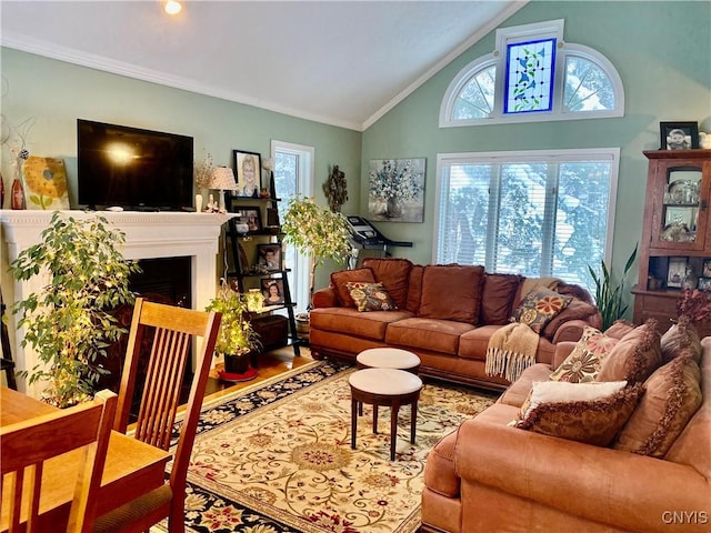 living room with high vaulted ceiling, wood-type flooring, and ornamental molding