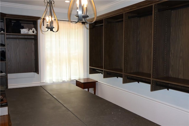 mudroom with a wealth of natural light, crown molding, and a notable chandelier