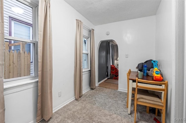 corridor with a textured ceiling and light carpet