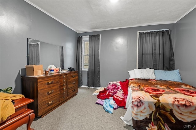 bedroom with a textured ceiling and light carpet