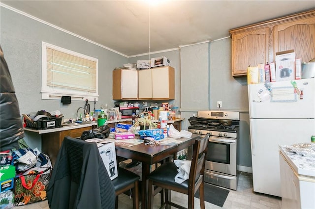 kitchen with white fridge, stainless steel gas stove, and sink