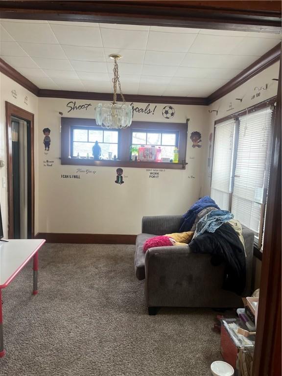 living room with ornamental molding and carpet