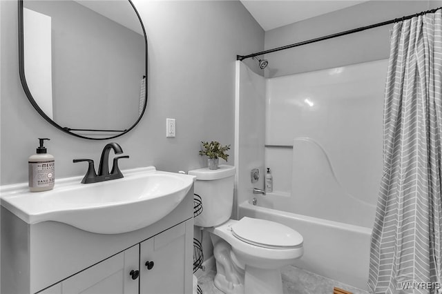 full bathroom with toilet, vanity, and shower / bath combination with curtain