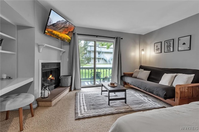 living room featuring built in shelves and carpet flooring