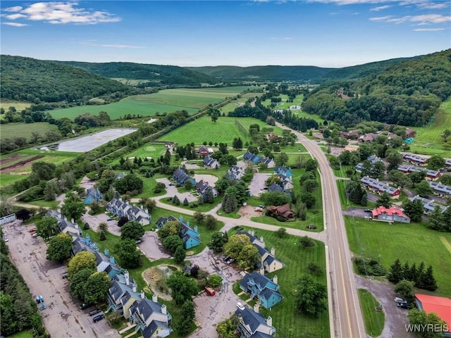 drone / aerial view featuring a mountain view