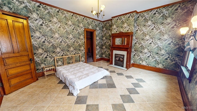 bedroom with ornamental molding and a notable chandelier