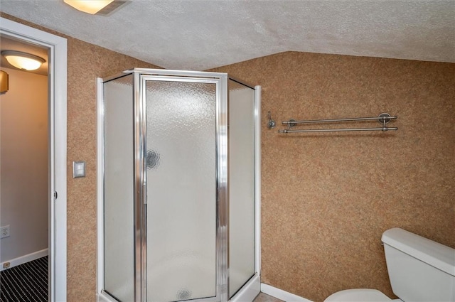 bathroom featuring a shower with shower door, a textured ceiling, toilet, and vaulted ceiling