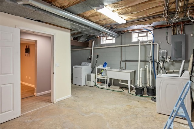 basement with washer and clothes dryer, sink, and electric panel