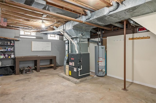 basement with heating unit and water heater