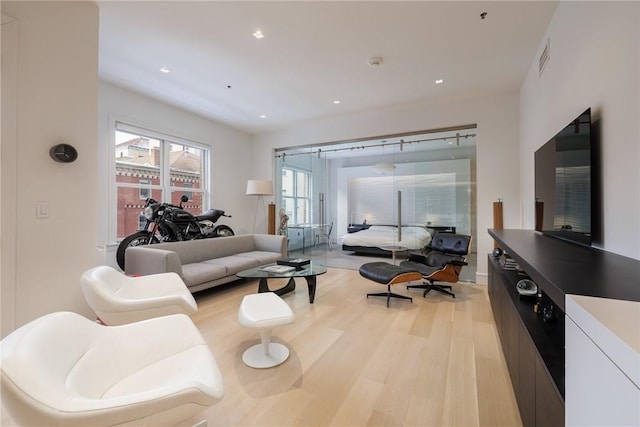 living room with light hardwood / wood-style flooring