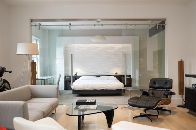 bedroom with light hardwood / wood-style floors, rail lighting, and a closet