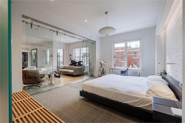 bedroom featuring rail lighting