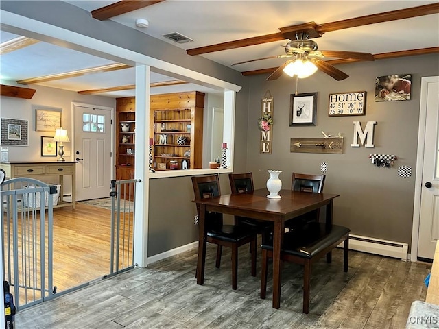 dining space with ceiling fan, beam ceiling, hardwood / wood-style flooring, and a baseboard radiator