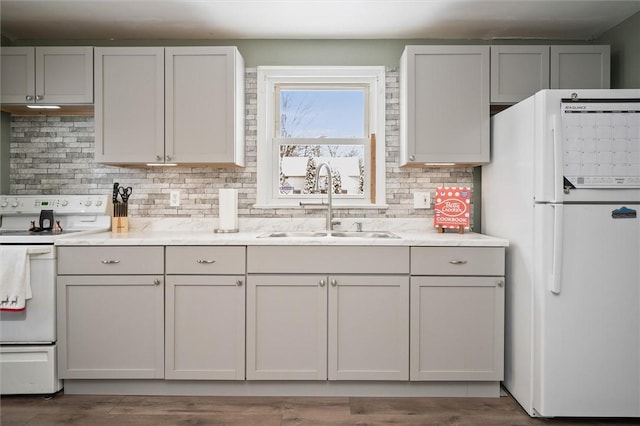 kitchen with sink, white cabinets, backsplash, and white appliances