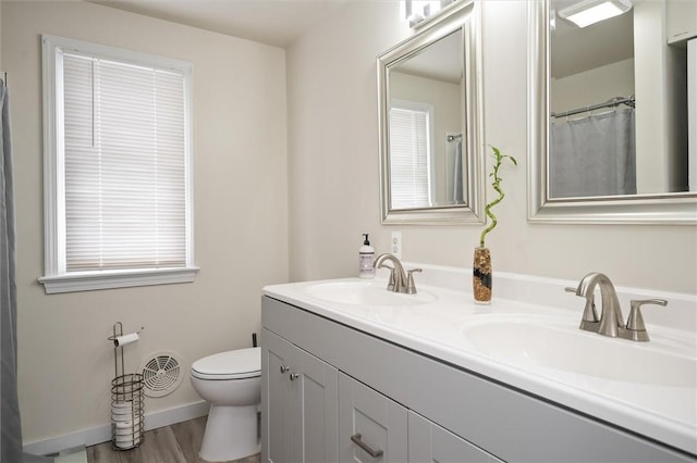 bathroom featuring toilet, hardwood / wood-style flooring, and vanity