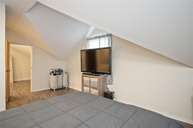 unfurnished bedroom featuring lofted ceiling and hardwood / wood-style flooring