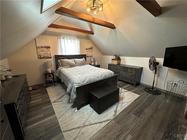 bedroom with dark wood-type flooring and lofted ceiling