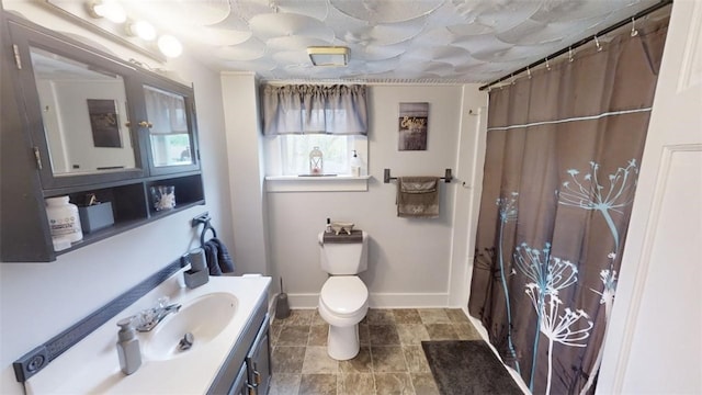 bathroom featuring toilet, vanity, and curtained shower