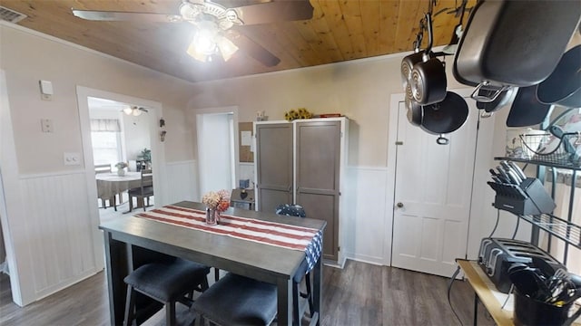 dining space with ceiling fan, dark hardwood / wood-style floors, ornamental molding, and wood ceiling