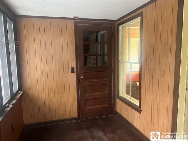 entryway with dark wood-type flooring and wooden walls