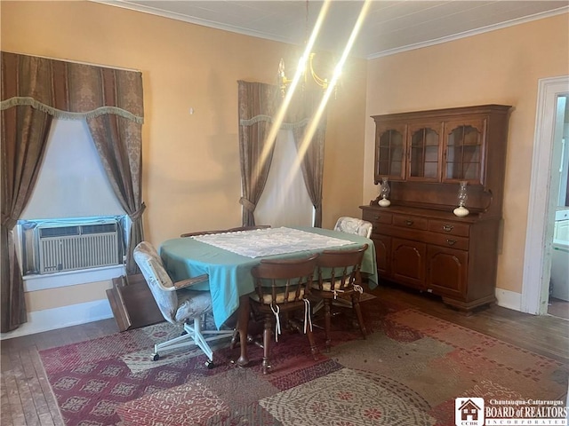 dining area with cooling unit, dark hardwood / wood-style floors, and crown molding