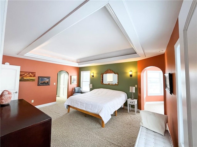 bedroom with a raised ceiling and carpet floors