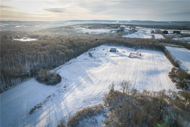 snowy aerial view with a mountain view