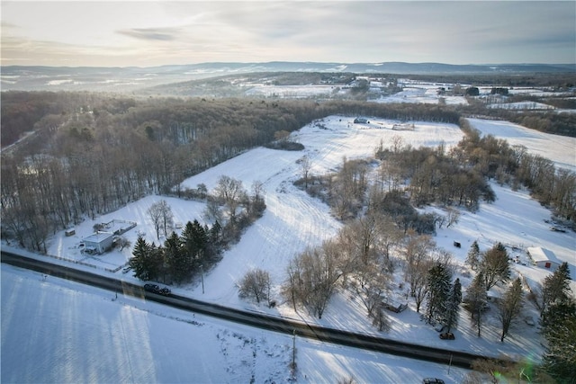 snowy aerial view featuring a mountain view