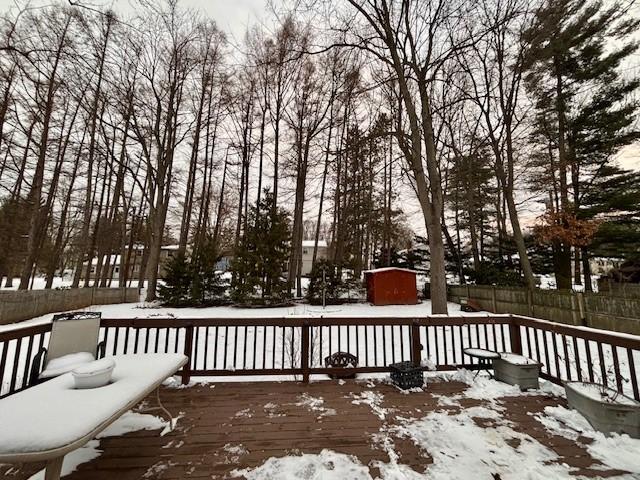 view of snow covered deck