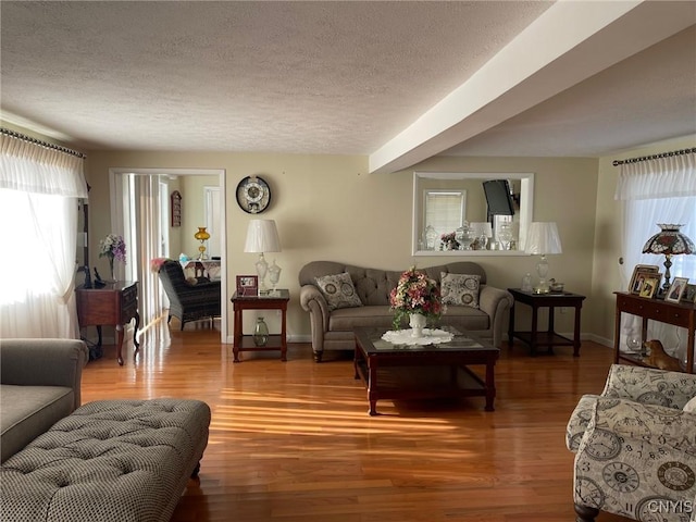 living room featuring a textured ceiling, plenty of natural light, and wood-type flooring