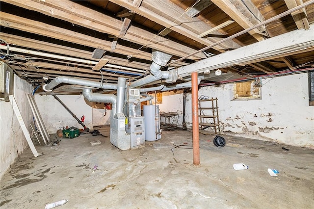 basement featuring heating unit and gas water heater