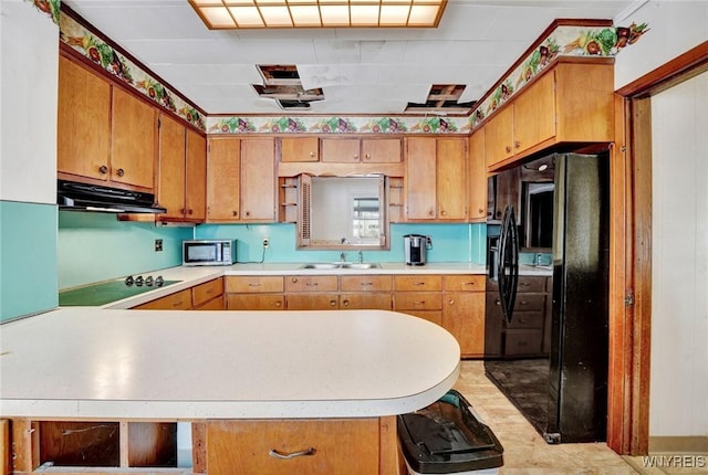 kitchen with sink, kitchen peninsula, and black appliances