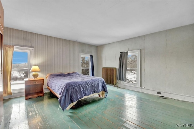 bedroom featuring hardwood / wood-style flooring, multiple windows, and radiator heating unit