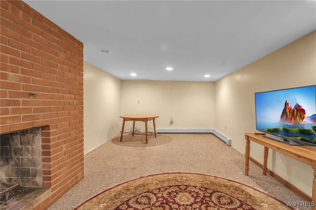 carpeted living room with a brick fireplace