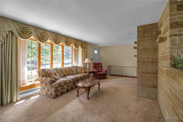 living room featuring carpet floors and a baseboard heating unit