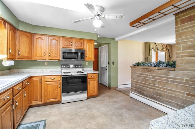 kitchen with white range with electric stovetop, ceiling fan, and a baseboard radiator