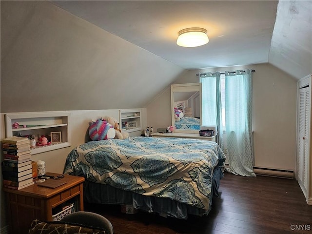 bedroom with dark hardwood / wood-style flooring, lofted ceiling, and a baseboard radiator