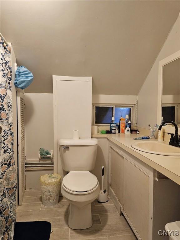 bathroom with toilet, vanity, and vaulted ceiling