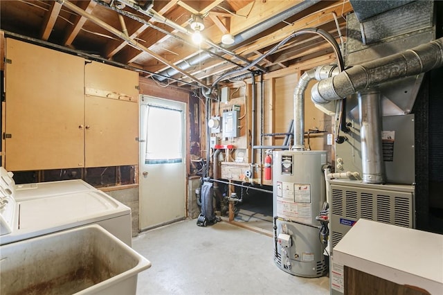 basement with separate washer and dryer, sink, and gas water heater