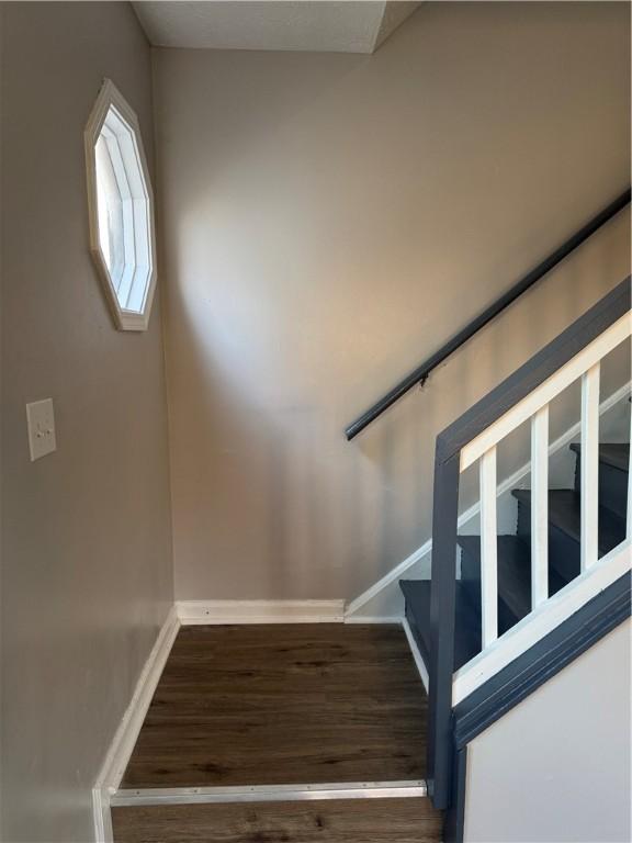 stairs featuring hardwood / wood-style flooring