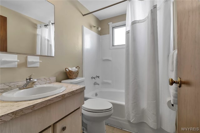 full bathroom with toilet, shower / bathtub combination with curtain, and vanity