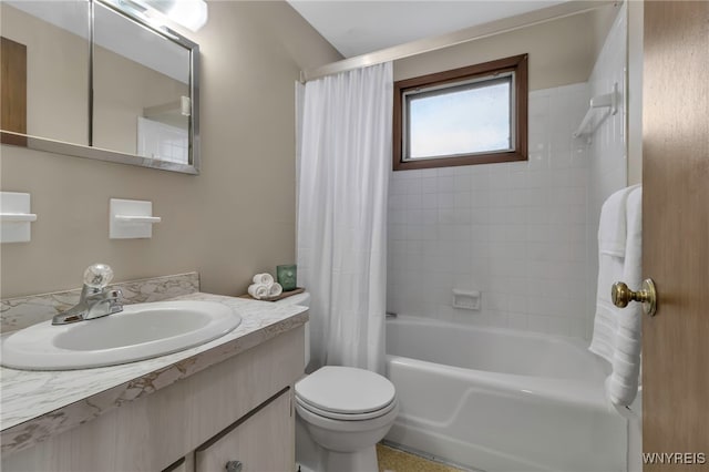 full bathroom with toilet, shower / bathtub combination with curtain, and vanity